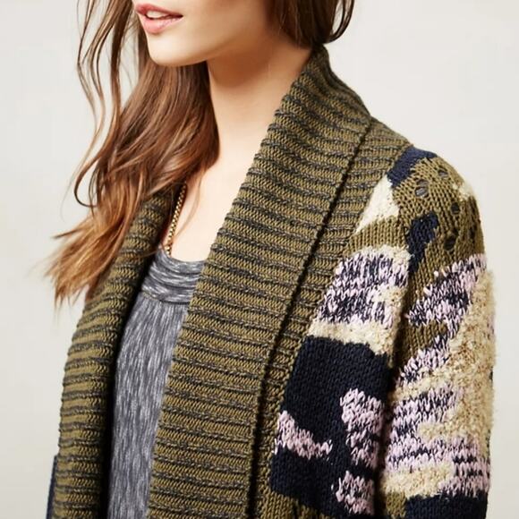 Anthropologie Sleeping on Snow Camo Print Cardigan Sweater Green Cream Cozy XS - Picture 4 of 16